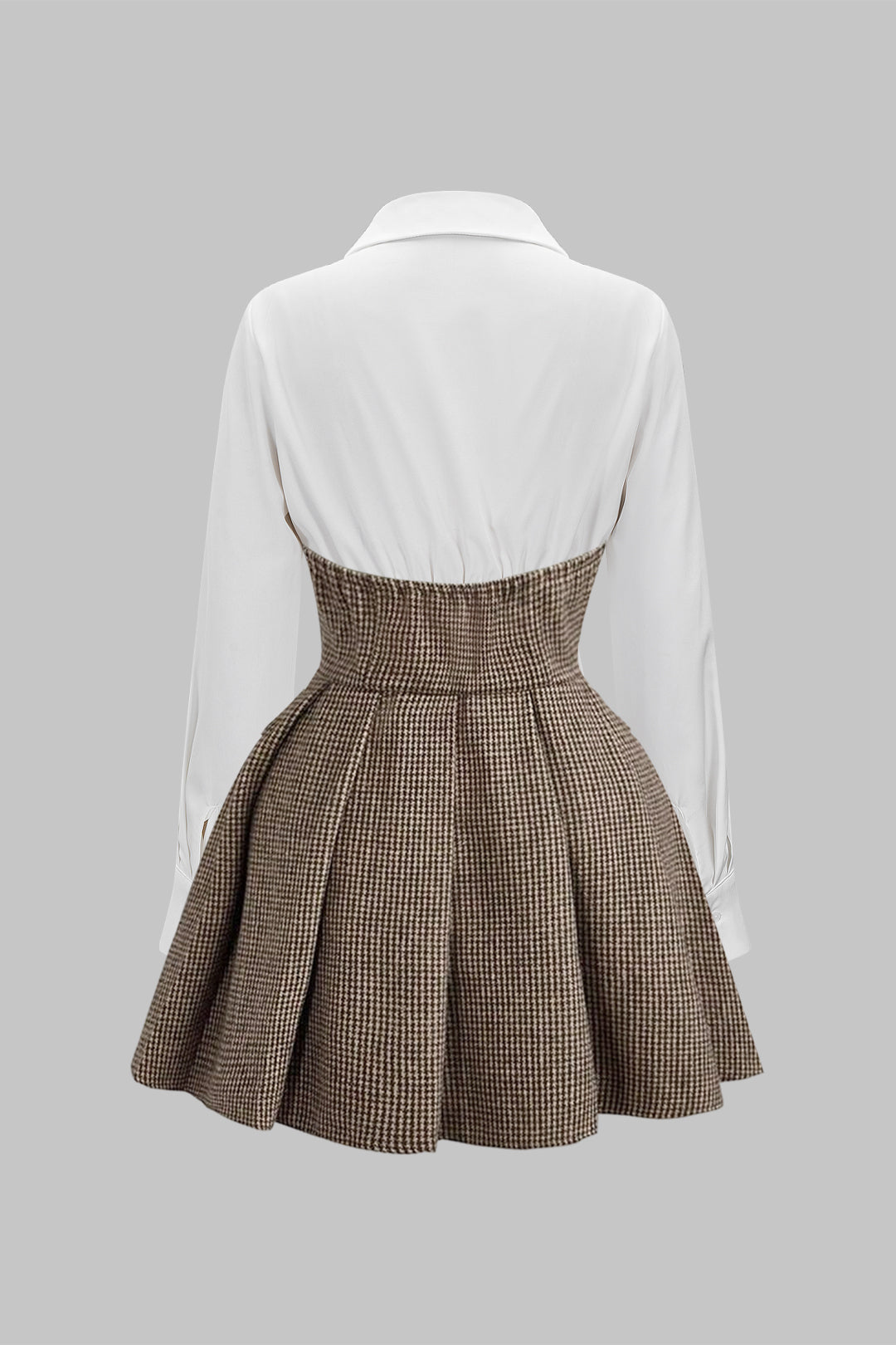 Hahnentritt-Patchwork-Falten-Minikleid mit hohem Bund und langen Ärmeln