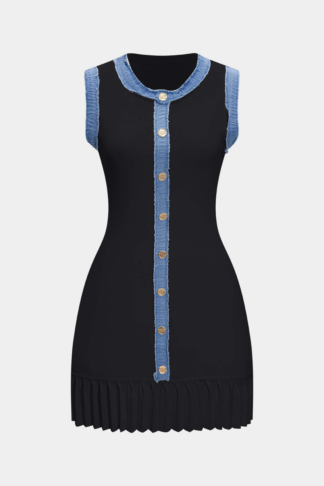 Knit Patchwork Denim Metallic Button Sleeveless Mini Dress
