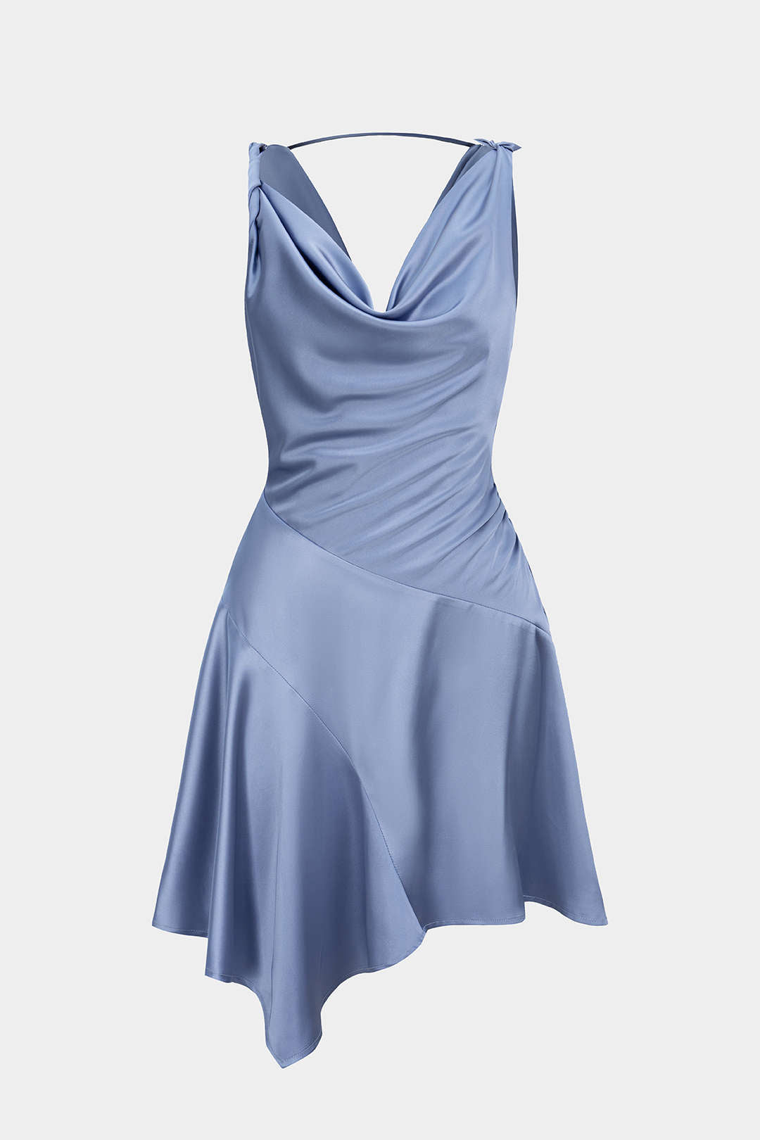 Satiniertes, drapiertes Minikleid mit Wasserfallausschnitt, Raffungen und asymmetrischem Schnitt