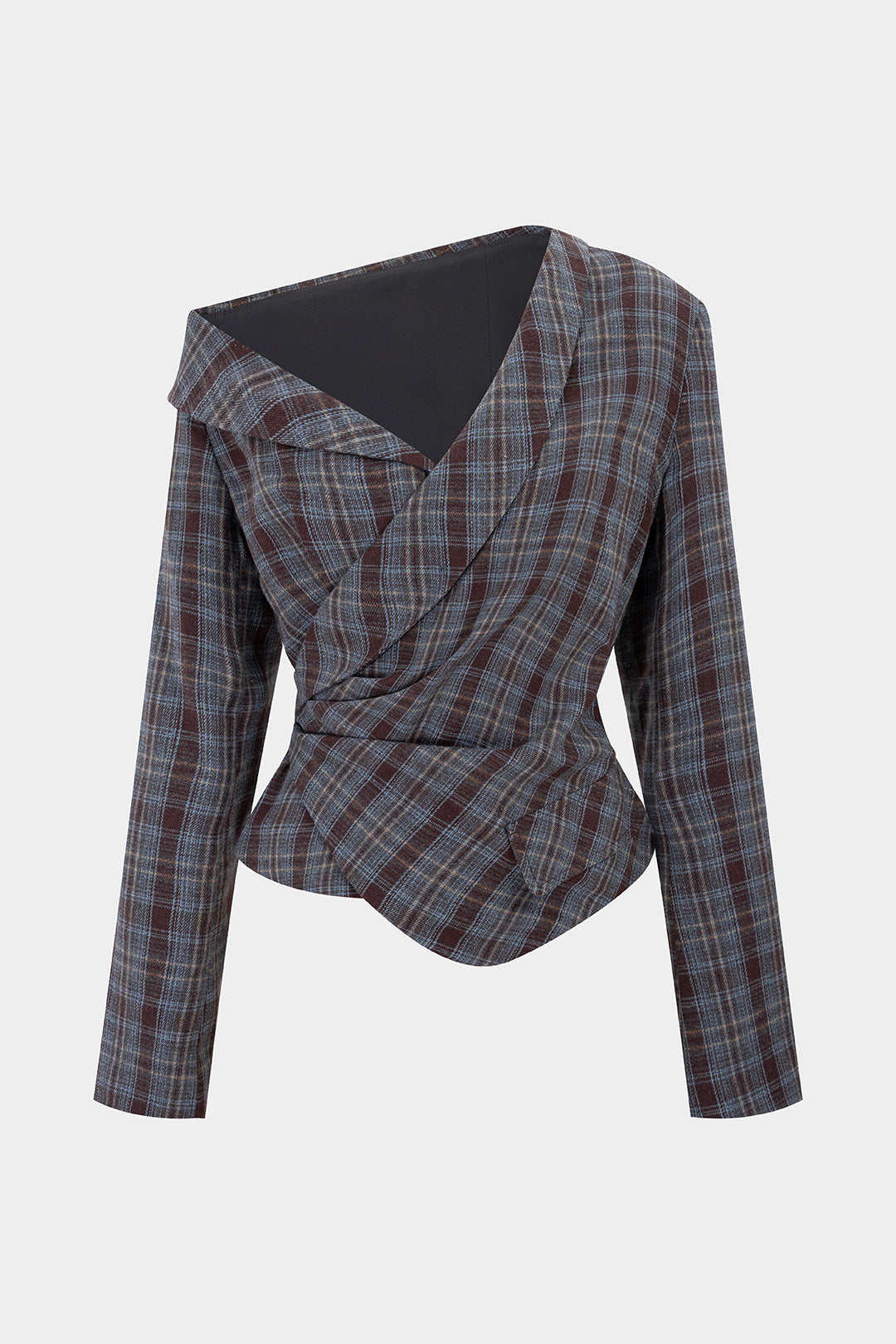 Asymmetrisches, schulterfreies Langarm-Top mit Karo-Print und Raffungen