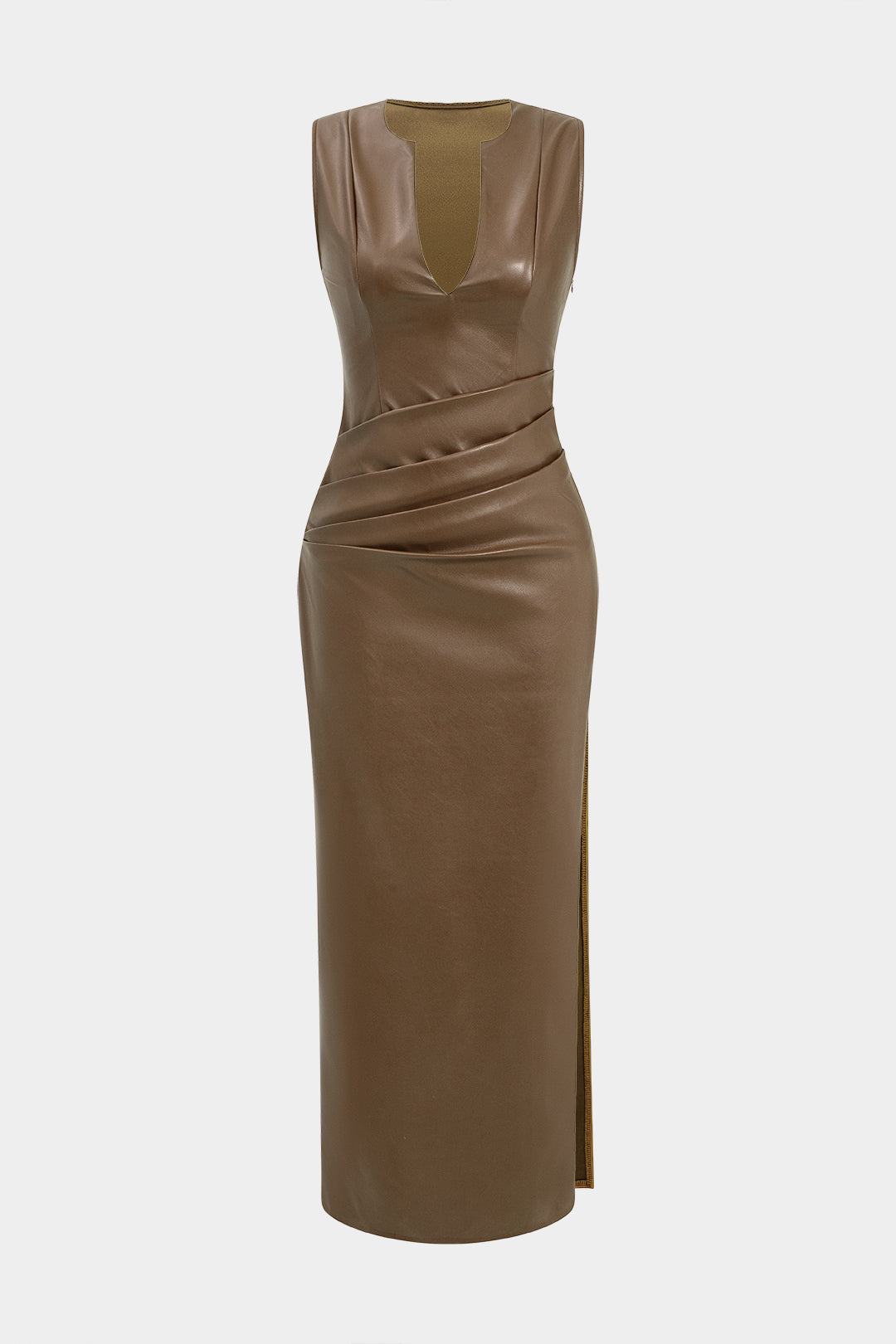 Robe longue froncée en similicuir à col en V