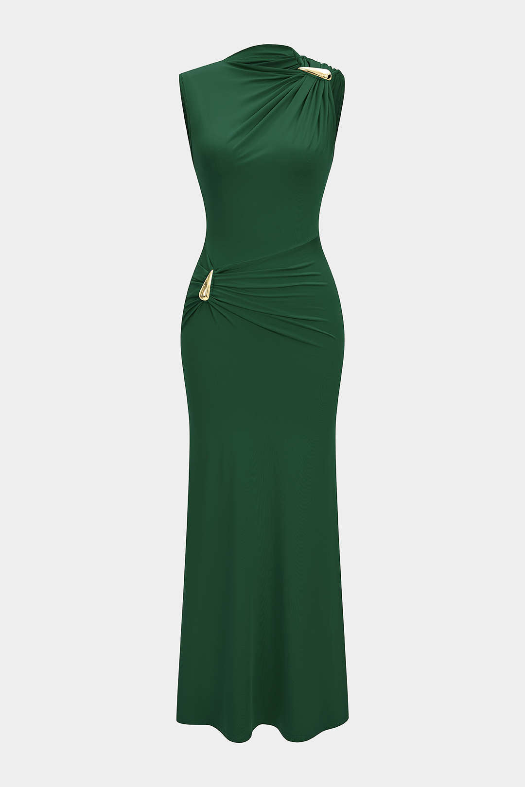 Robe longue maxi plissée sans manches décor métallisé