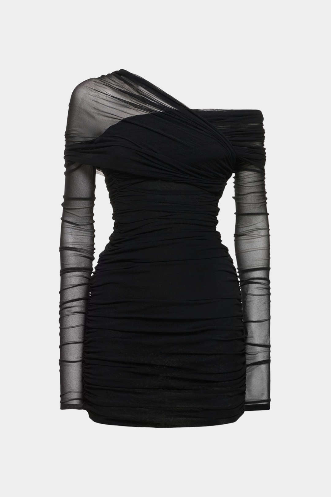 Transparenter Mesh-Minikleid mit One-Shoulder-Träger, langen Ärmeln und Raffung