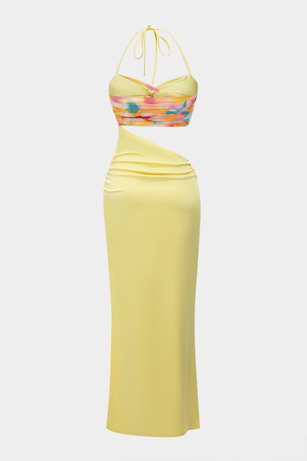 Maxikleid aus Chiffon-Satin mit Ombré-Print, ärmellos, Neckholder, Patchwork