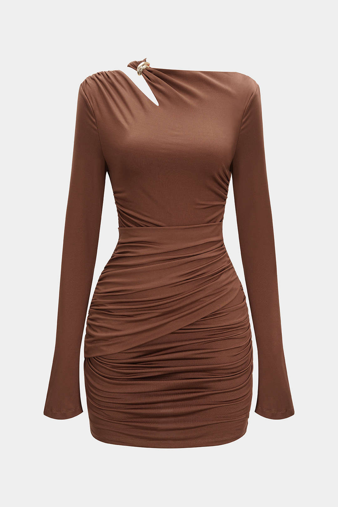 Robe courte drapée à manches longues et col asymétrique
