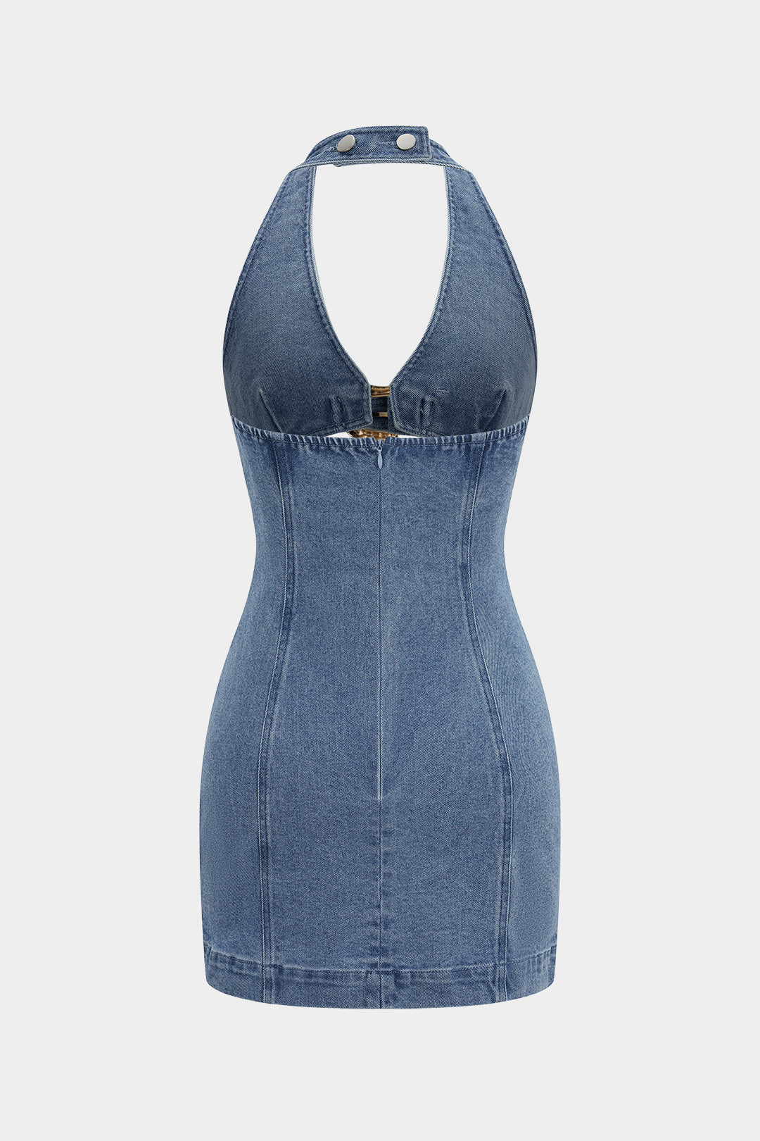 Jeans-Neckholder-Kleid mit V-Ausschnitt, Cut-Outs und schnallenverziertem Rückenausschnitt