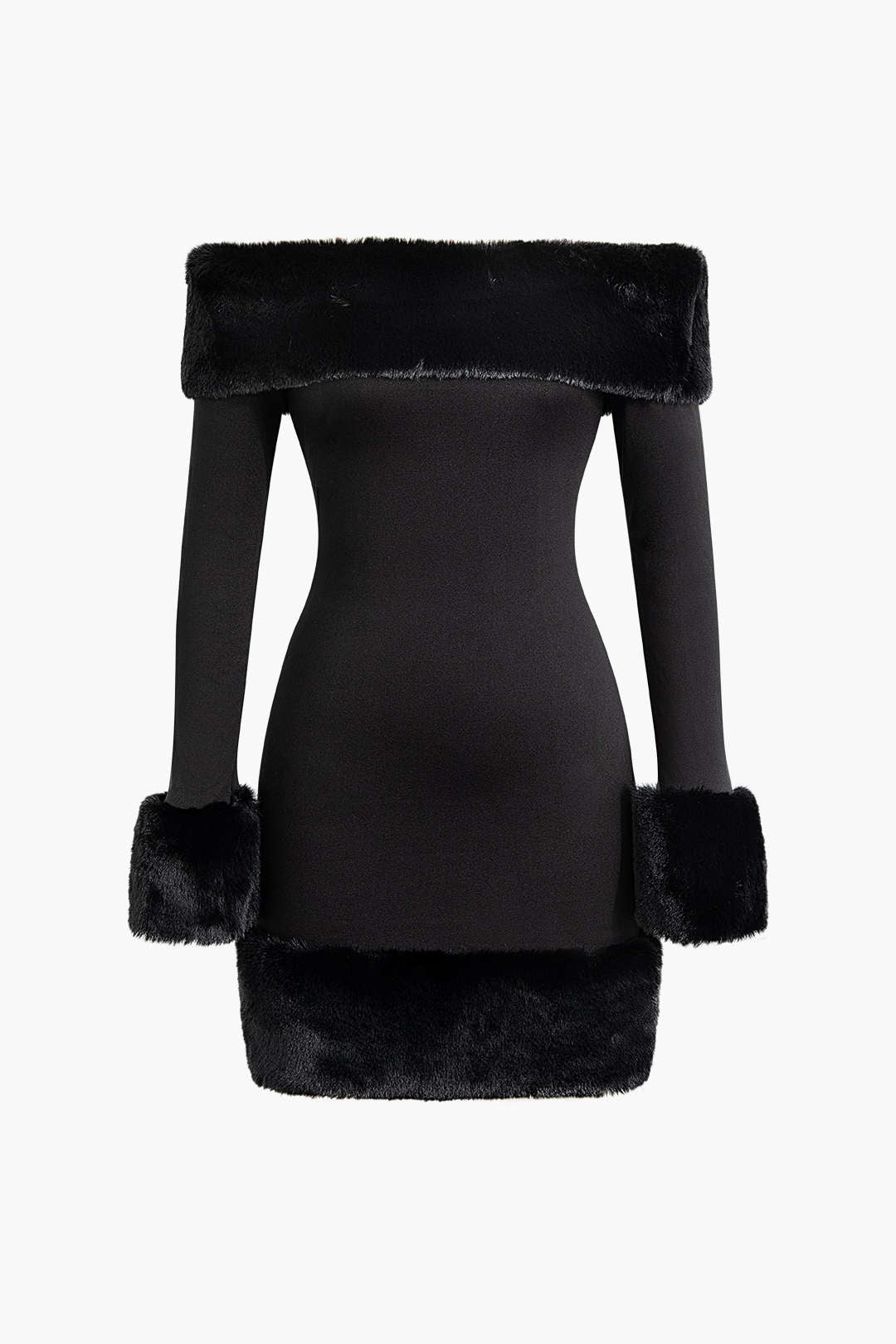 Mini-robe épaules dénudées avec bordure en fausse fourrure