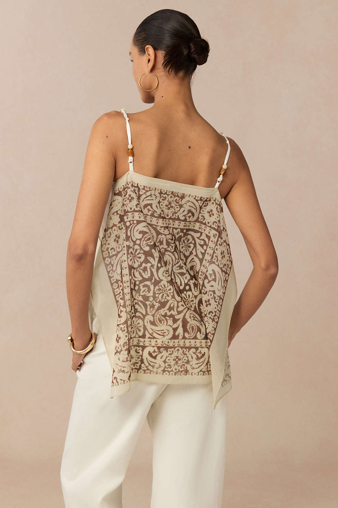 Künstlerischer Print Satin Patchwork Chiffon Perlen Cami-Top