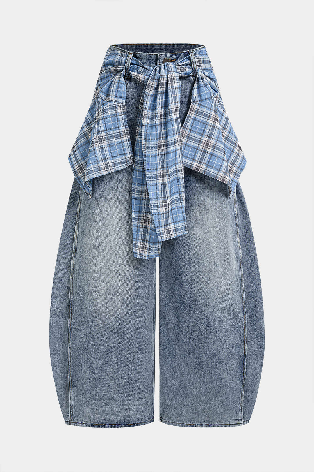 Jean taille haute à carreaux en denim avec lien à la taille et poches