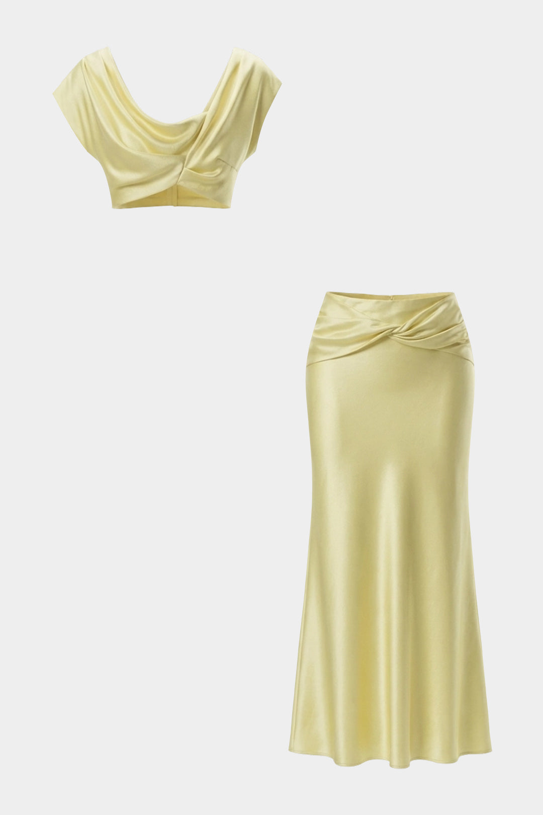 Ensemble haut drapé en satin à col bénitier et jupe nouée torsadée