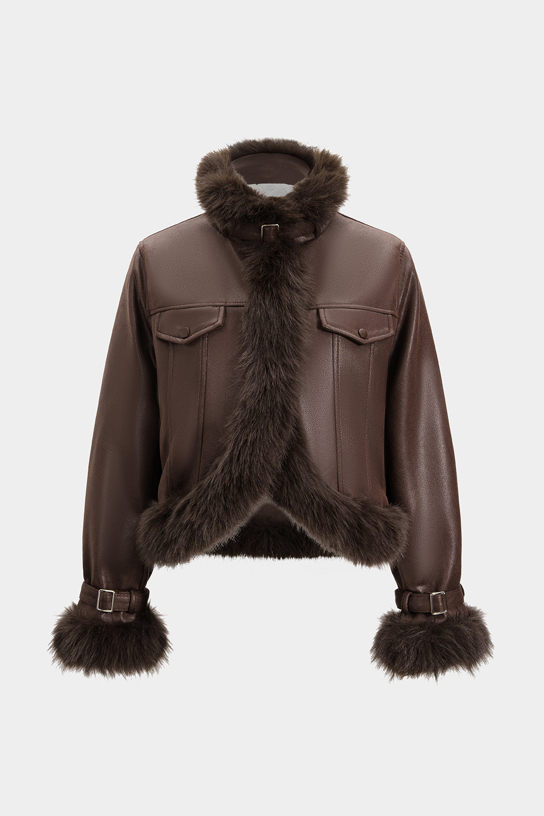 Veste col montant en similicuir et fausse fourrure patchwork