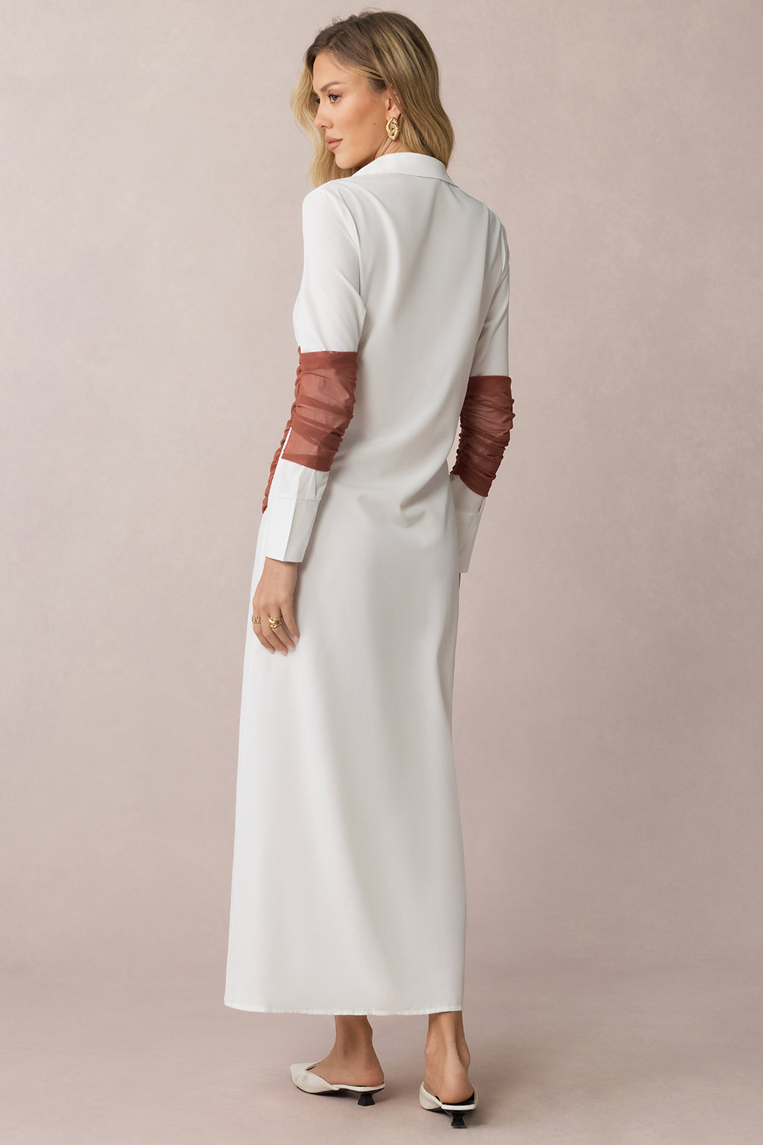 Patchwork Mesh Ruched Lapel Long Sleeve Midi Dress