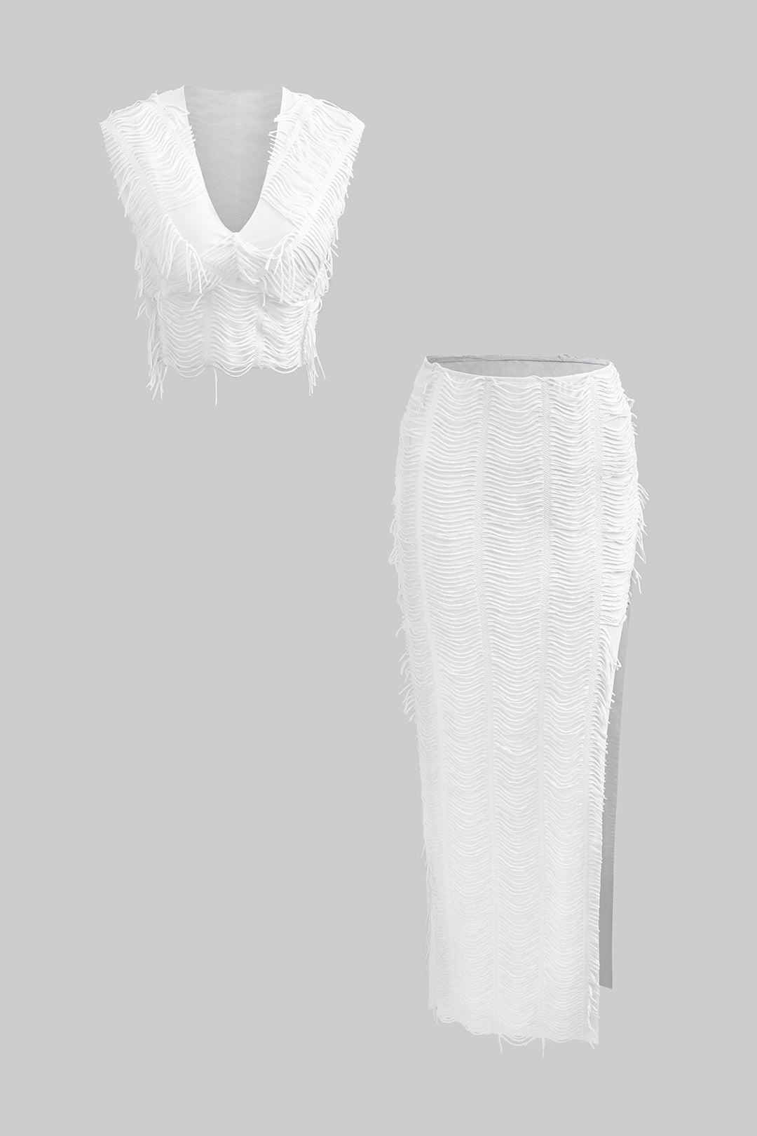 Ensemble crop top court décolleté en V à manches courtes et jupe longue fendue usés