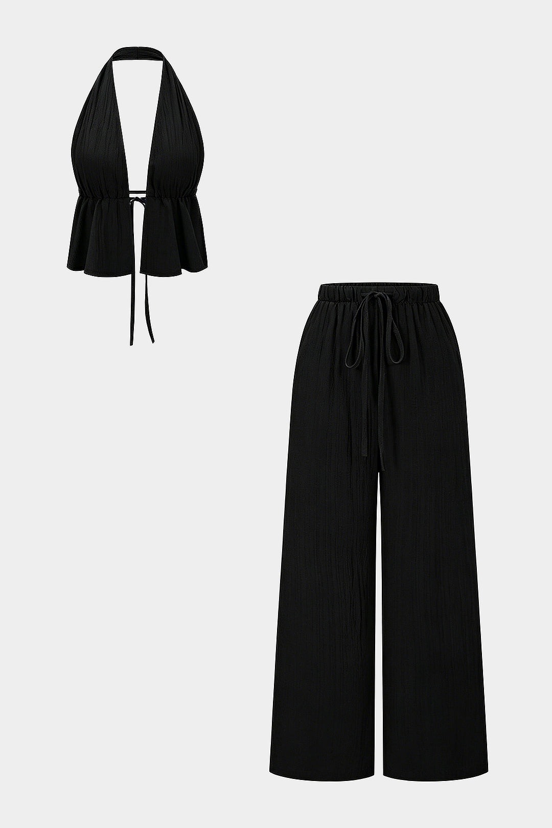Neckholder-Top mit V-Ausschnitt, rückenfrei, zum Binden und weit geschnittene Hose Set