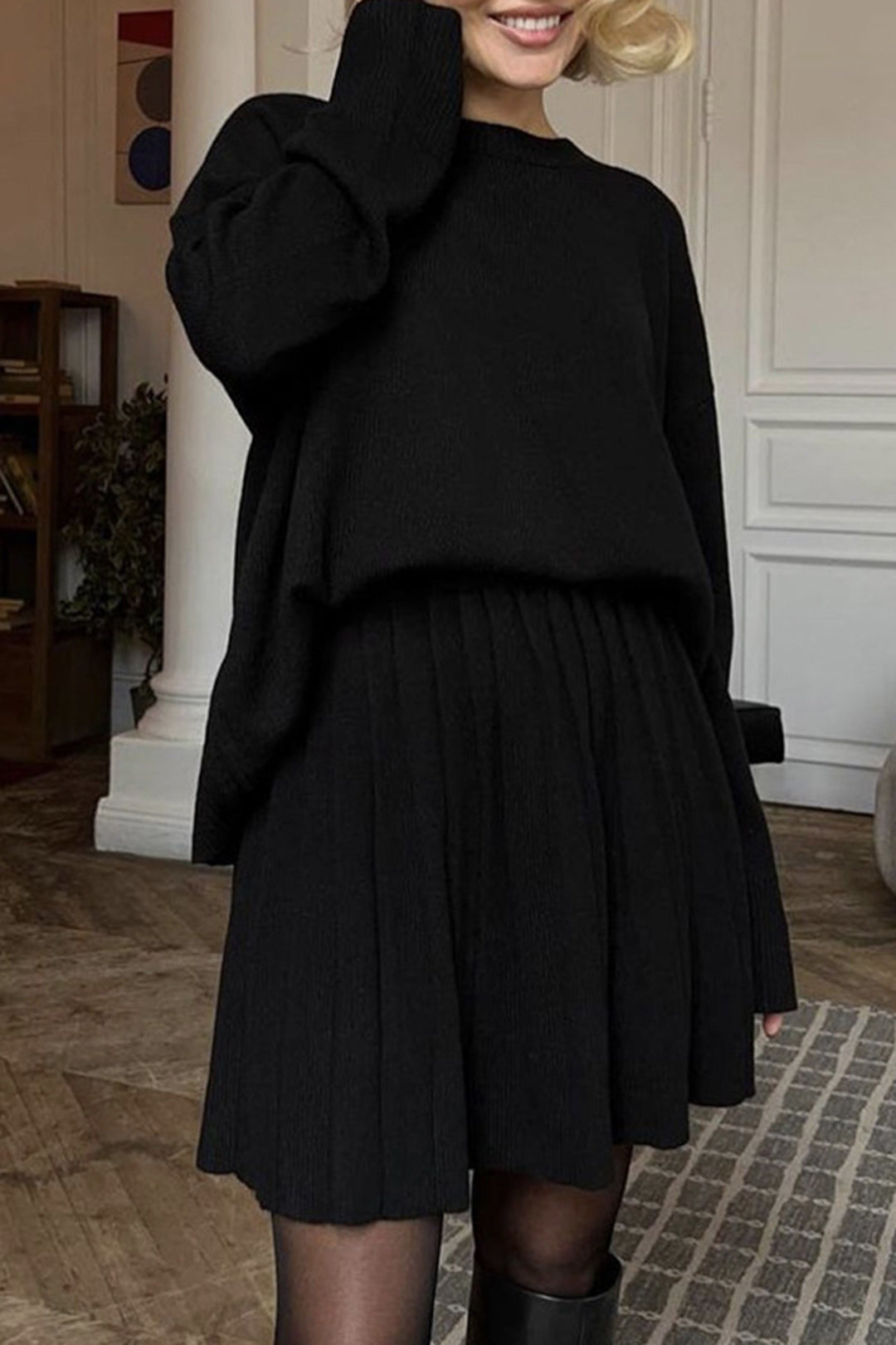 Knit Round Neck Long-Sleeve Top And Pleated Belted Skirt Set