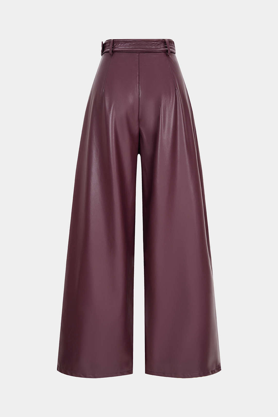 Faux Leather Belted Ruched Wide Leg Pants