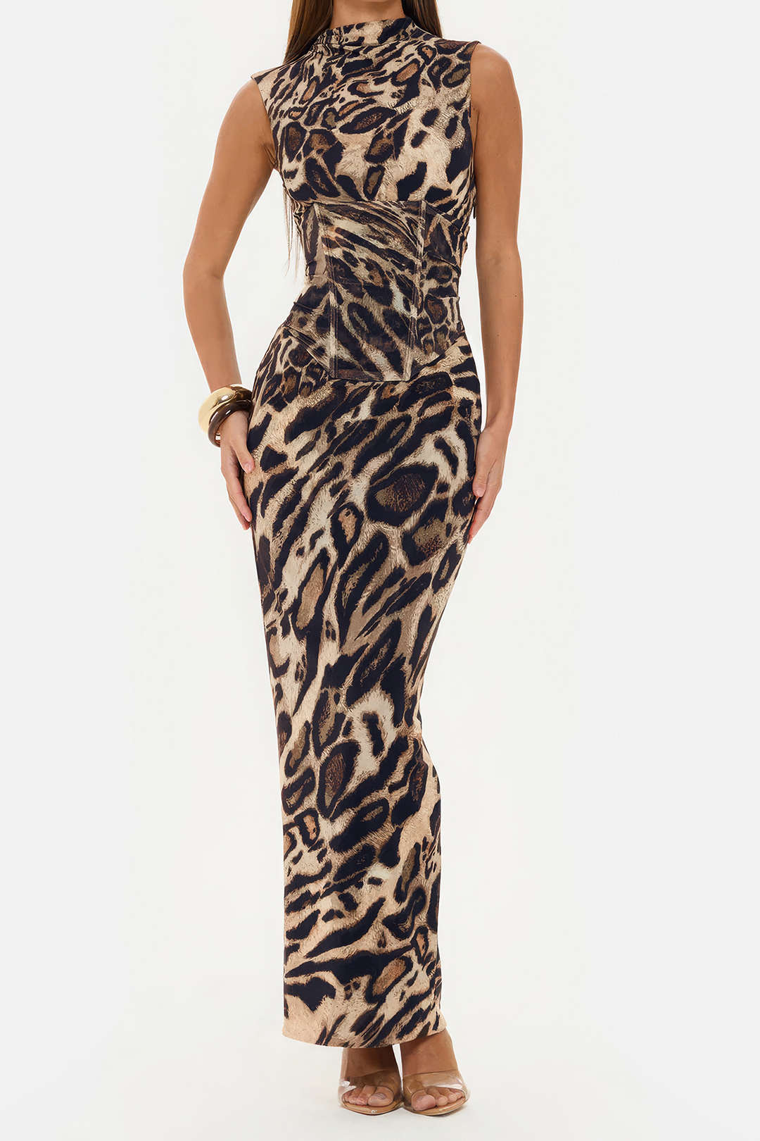 Maxikleid mit Leopardenmuster, Stehkragen, Neckholder und Korsett-Oberteil
