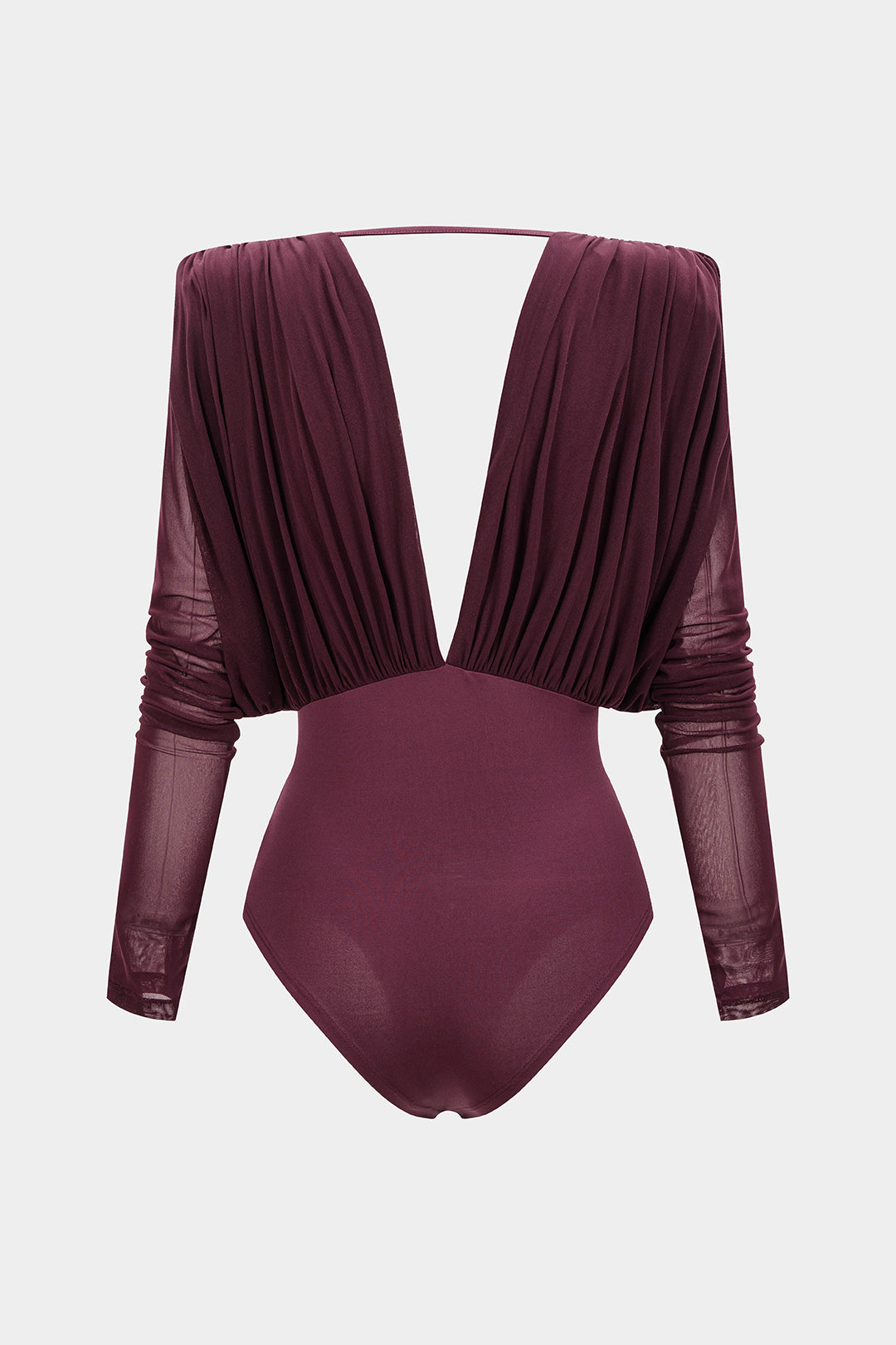Mesh Ruched V-Neck Long Sleeve Bodysuit