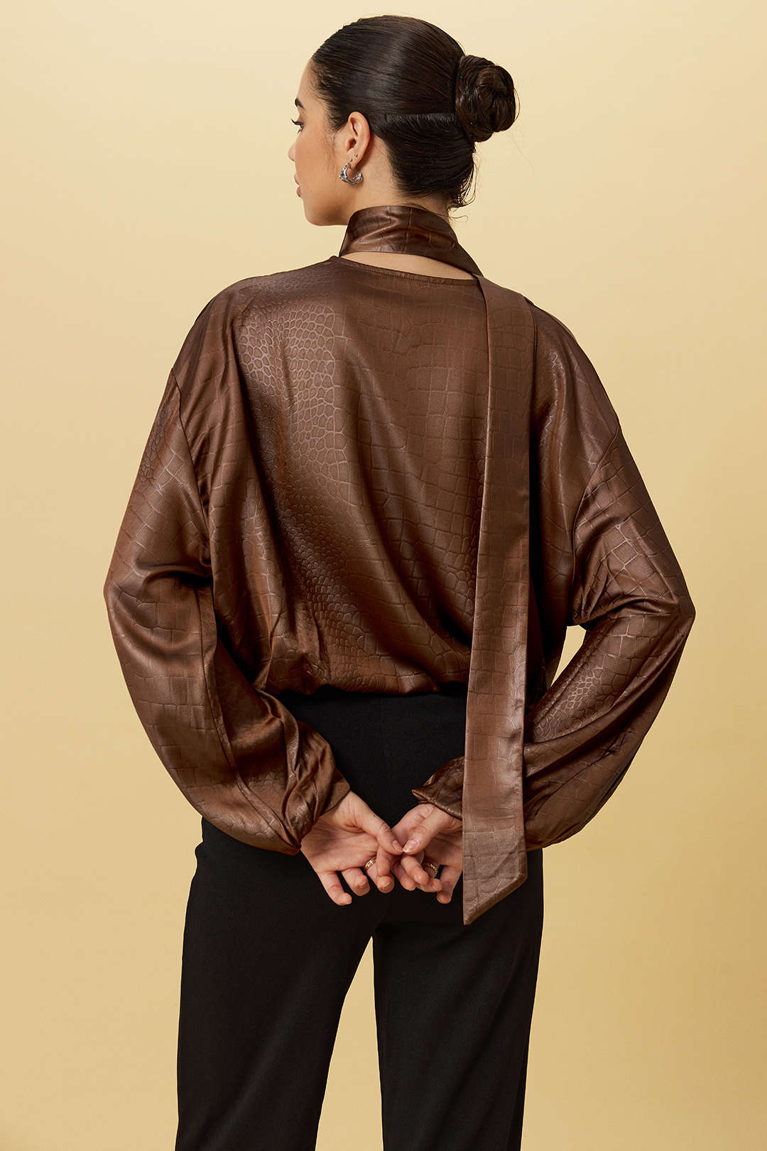 Satin Texture Ruched Long-Sleeve Top With Scarf