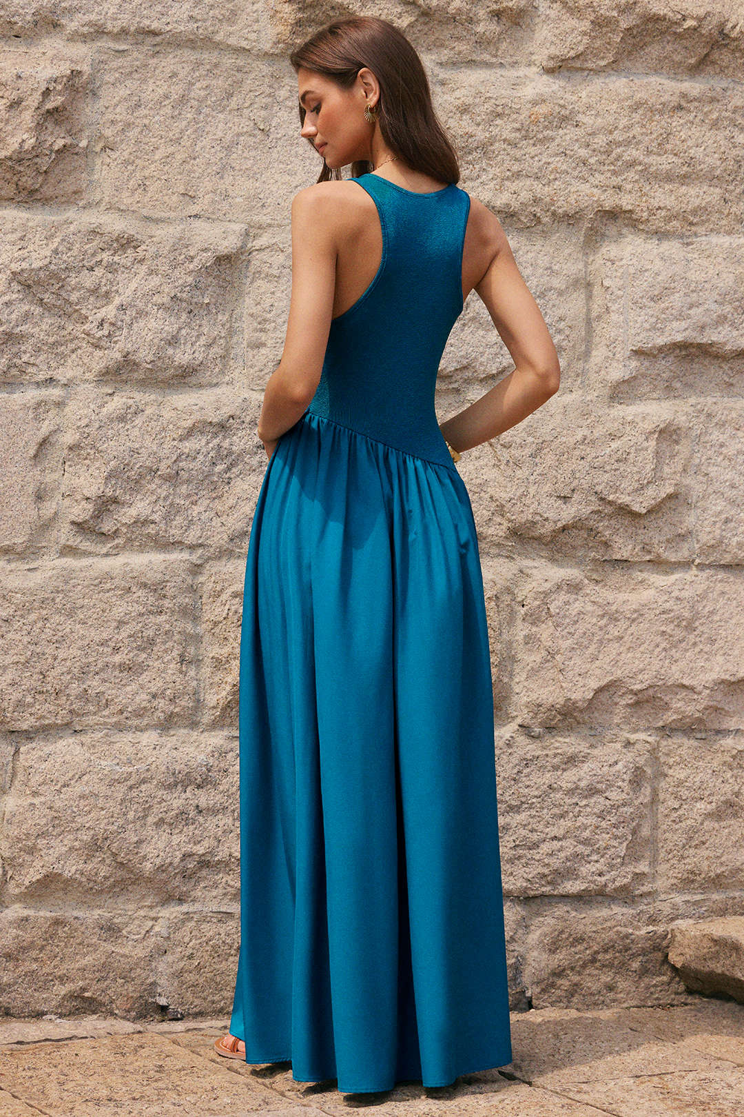 Patchwork Rundhals Twist-Knoten Ärmelloses Maxikleid