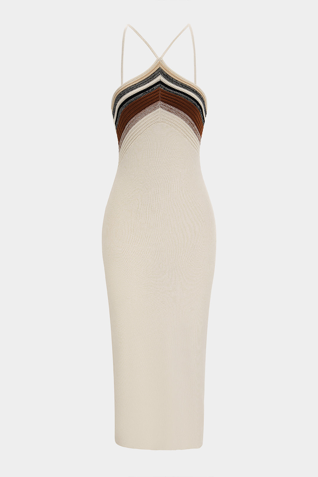 Knit Contrast Stripes Print Slip Backless Sleeveless Midi Dress