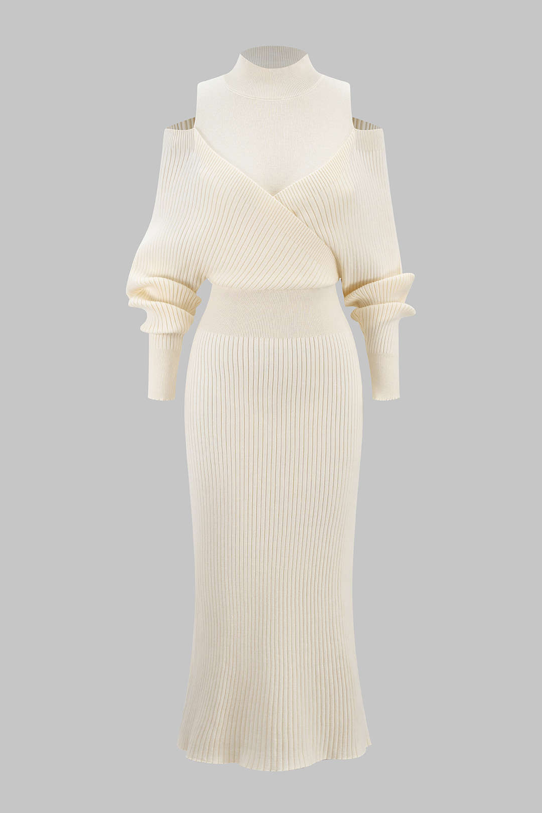 Knit Mock Neck Cut Out Ribbed Long Sleeve Maxi Dress