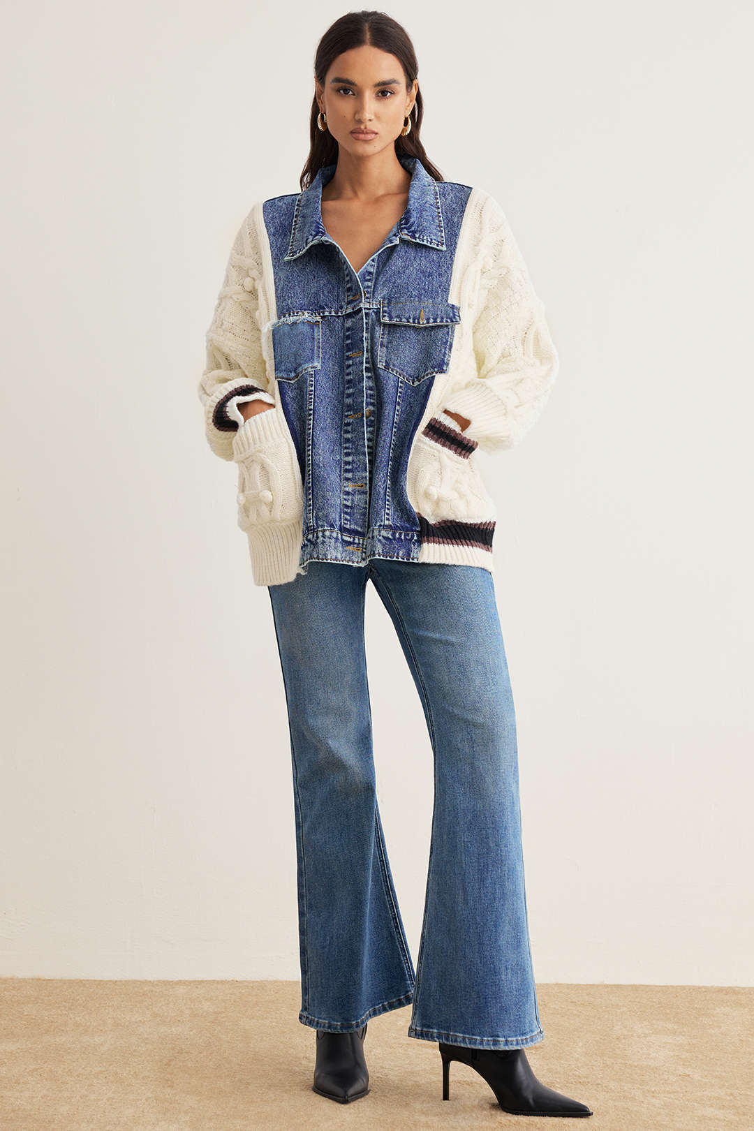 Gestrickter Denim Patchwork Cardigan