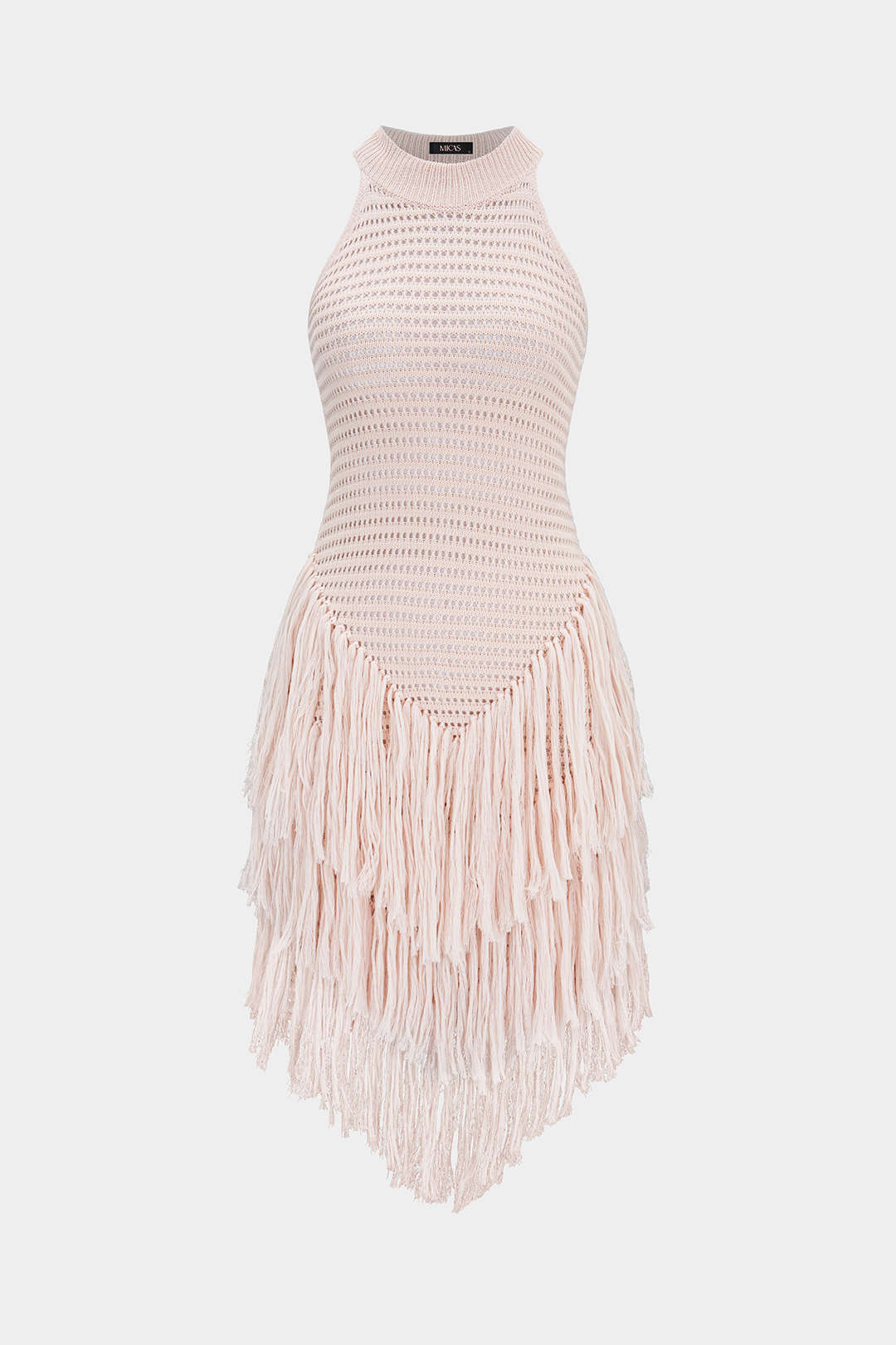 Mini-robe sans manches en maille ajourée à col rond et ourlet à franges