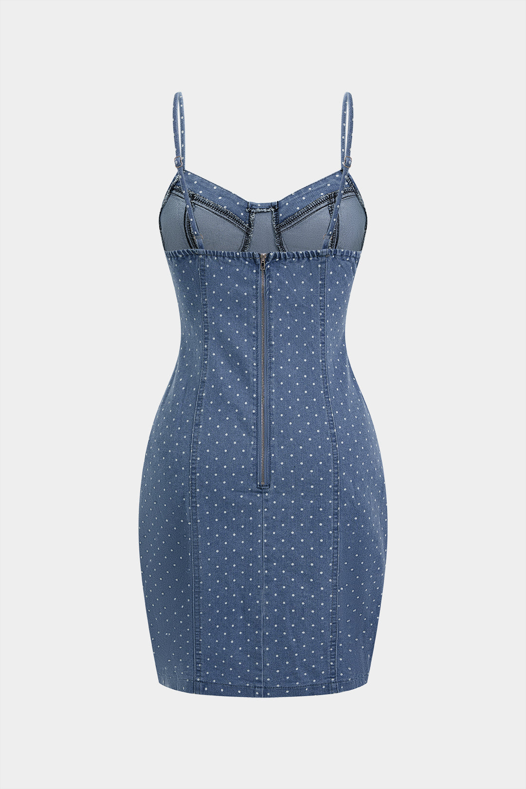 Denim Polka Dots Print Zipper Sleeveless Mini Dress