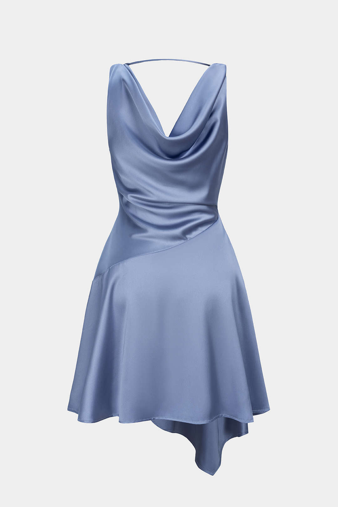 Satiniertes, drapiertes Minikleid mit Wasserfallausschnitt, Raffungen und asymmetrischem Schnitt