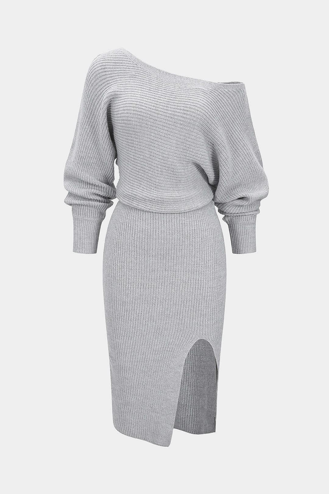 Knit Off-Shoulder Ribbed Side Slit Long Sleeve Midi Dress