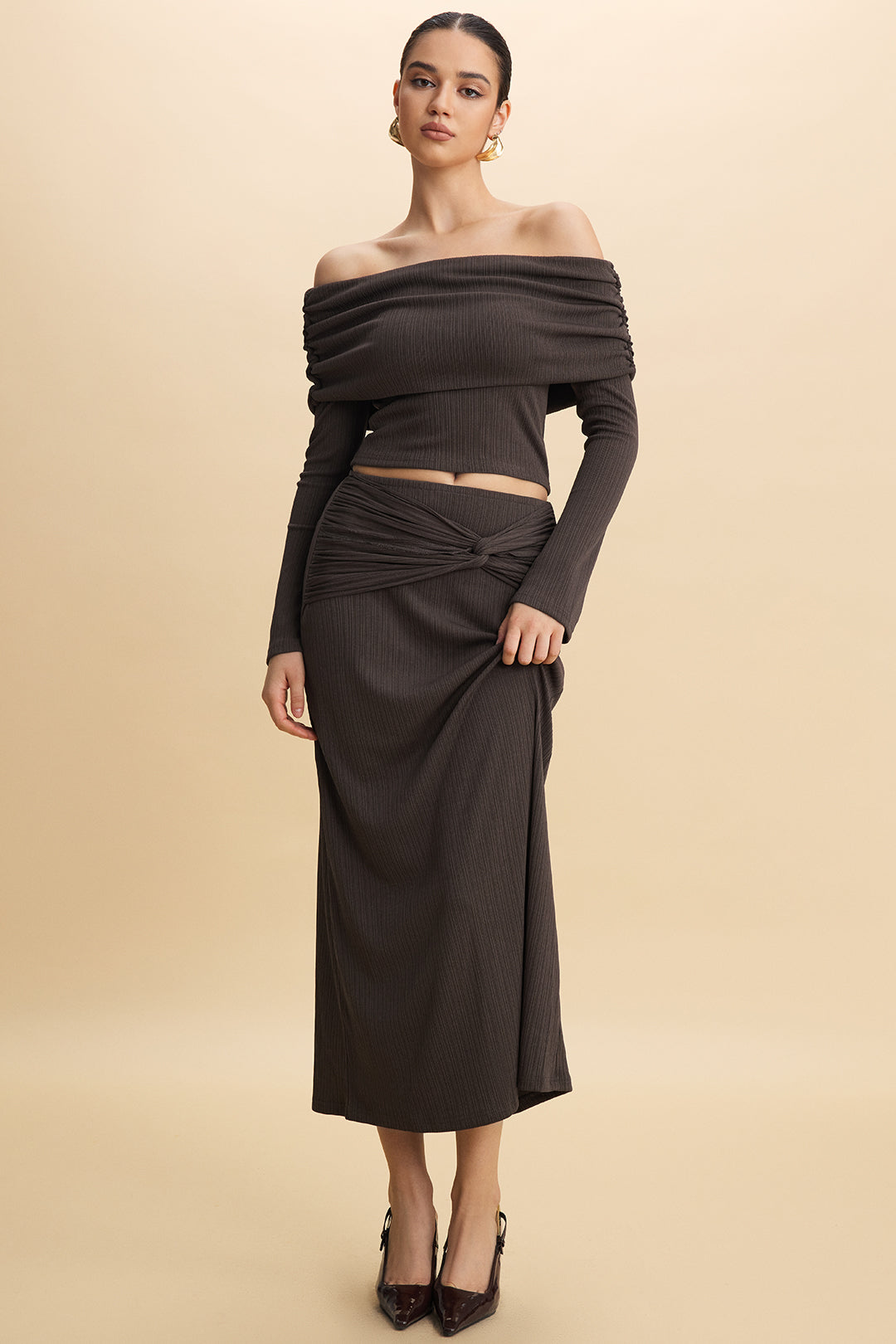 Off Shoulder Long-Sleeve Top And Twist Knot Skirt Set