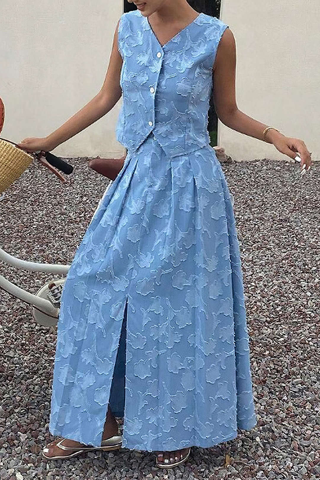 Jacquard V-Neck Vest And High Waist Ruched Skirt Set