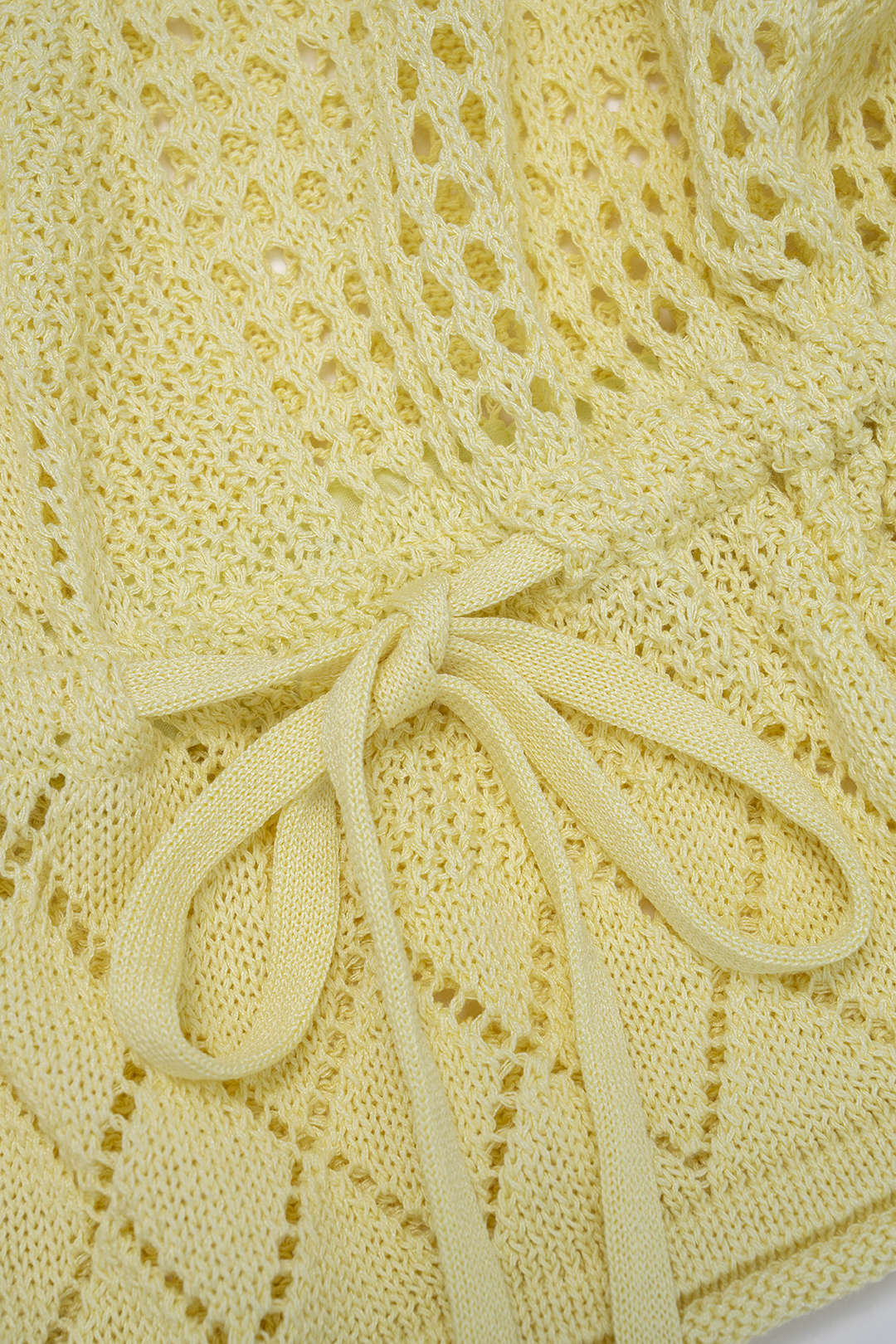 Open Knit Solid Geometric Round Neck Drawstring Long-Sleeve Top