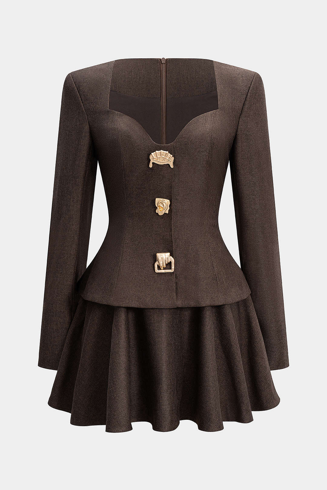 Minikleid mit langen Ärmeln, Rüschen, Reißverschluss, Schulterpolstern und Metallic-Dekor