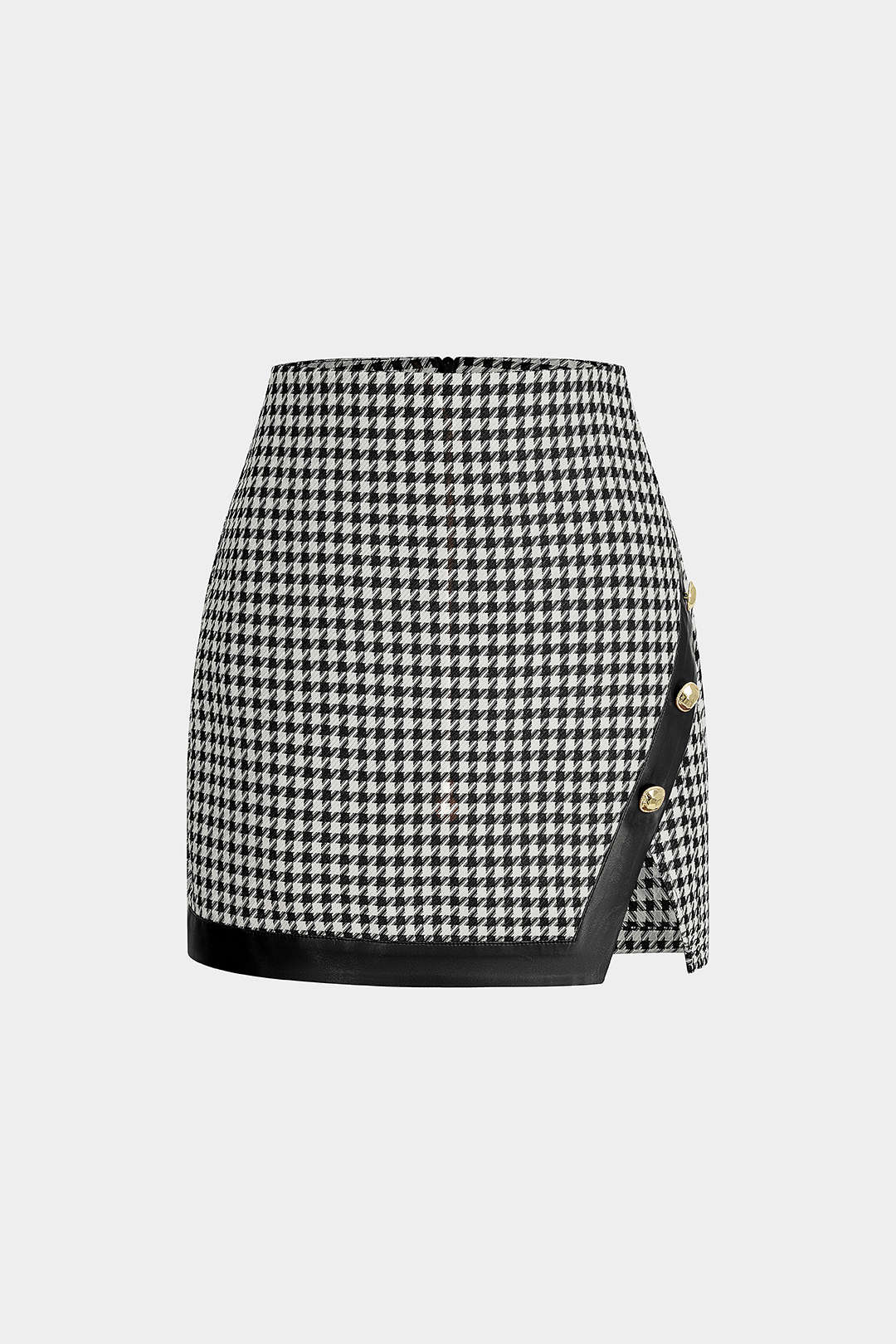Rock mit Hahnentrittmuster, Faux-Leder-Patchwork und asymmetrischem Seitenschlitz