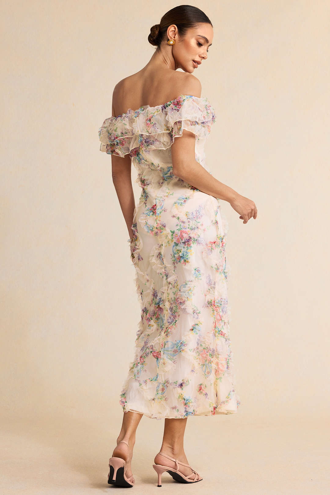 Floral Print Chiffon Patchwork Mesh Off Shoulder Ruffle Sleeveless Maxi Dress