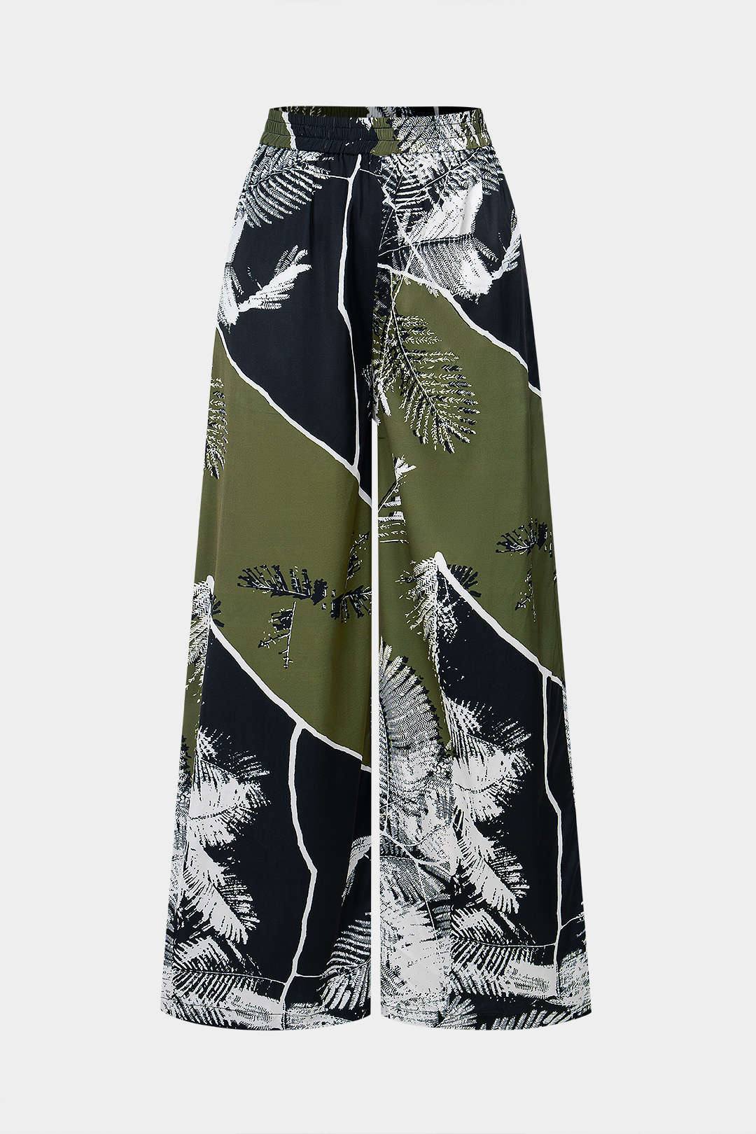 Hose mit Blättern, Kontrastdruck, Satin, gesmoktem Bund und weitem Bein