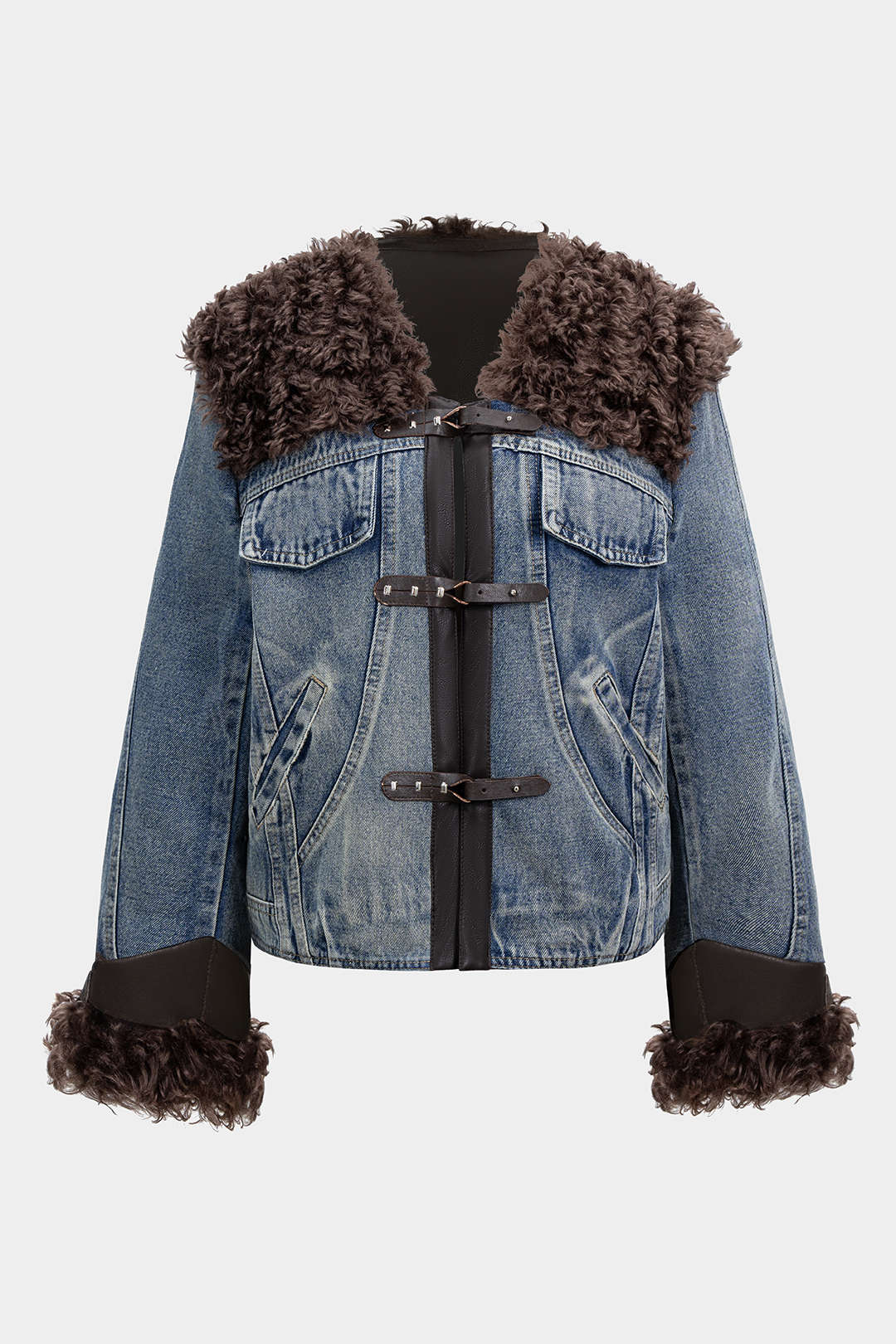 Denim-Patchwork-Jacke mit Kunstpelztaschen