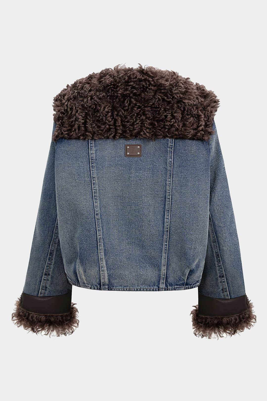 Denim-Patchwork-Jacke mit Kunstpelztaschen