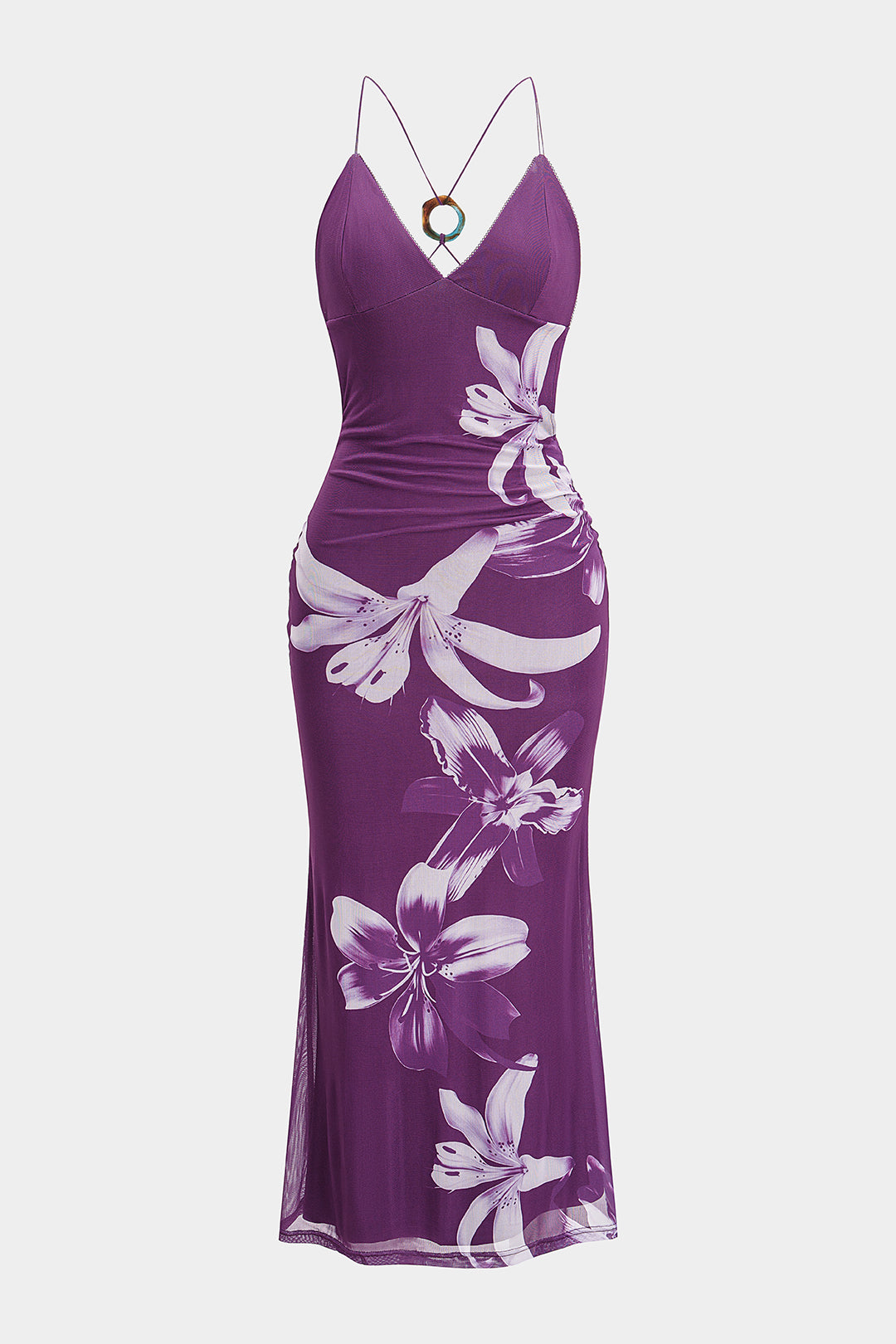 Floral Print Mesh Crossed Backless Sleeveless Midi Dress