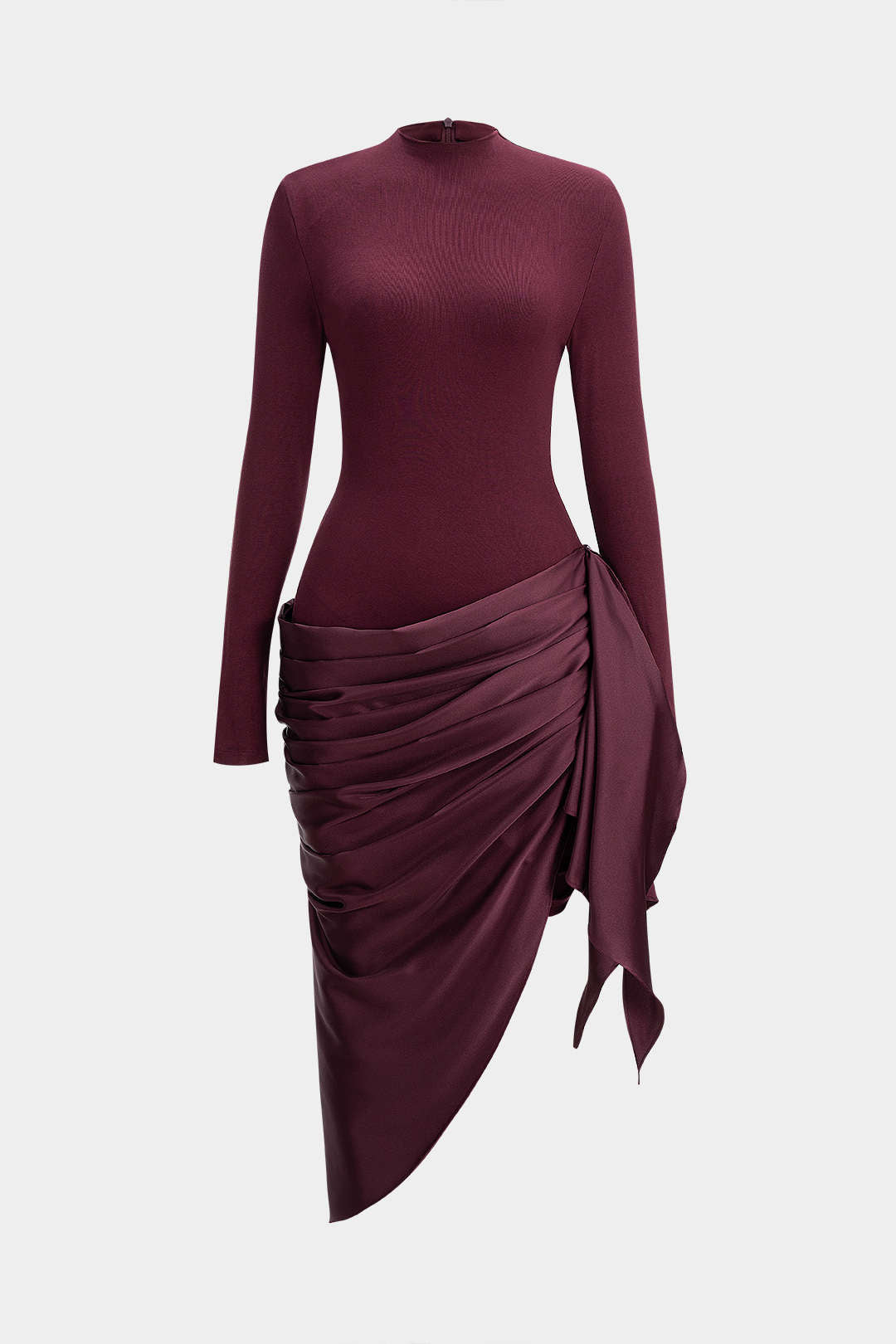 Satin Patchwork Ruched Asymmetrical Long Sleeve Midi Dress