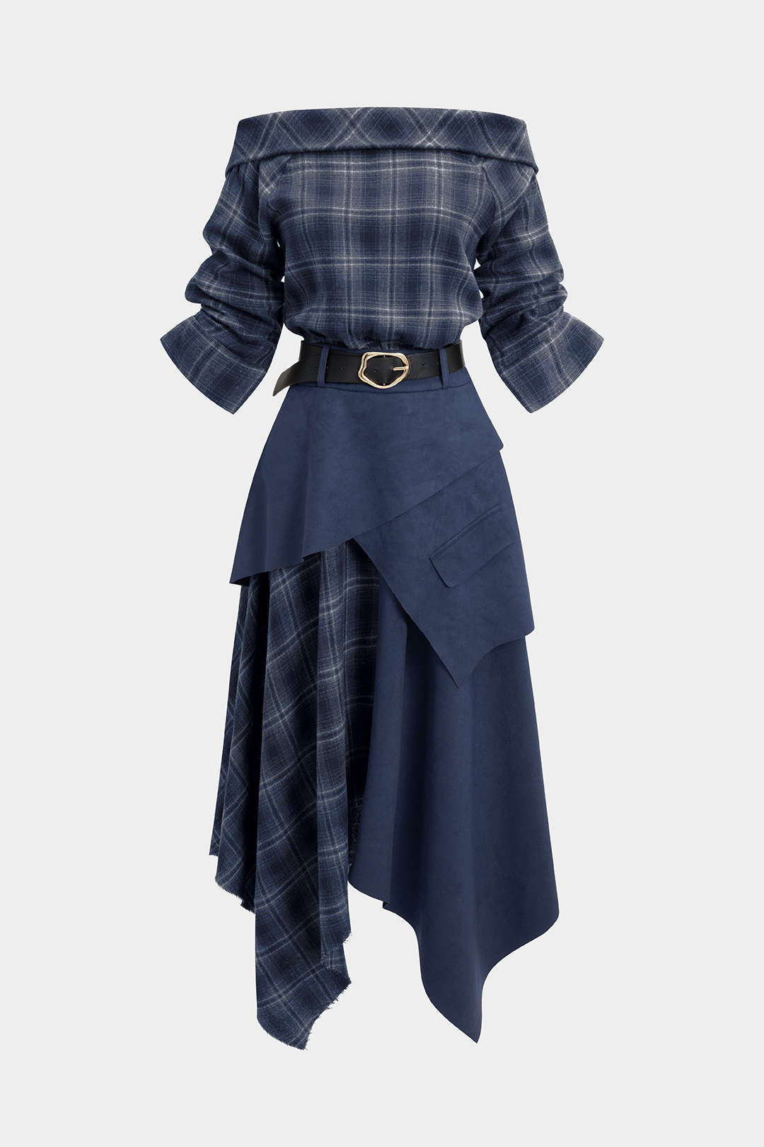 Off-Shoulder Midikleid aus Wildlederimitat mit Karomuster, Reißverschluss und Gürtel