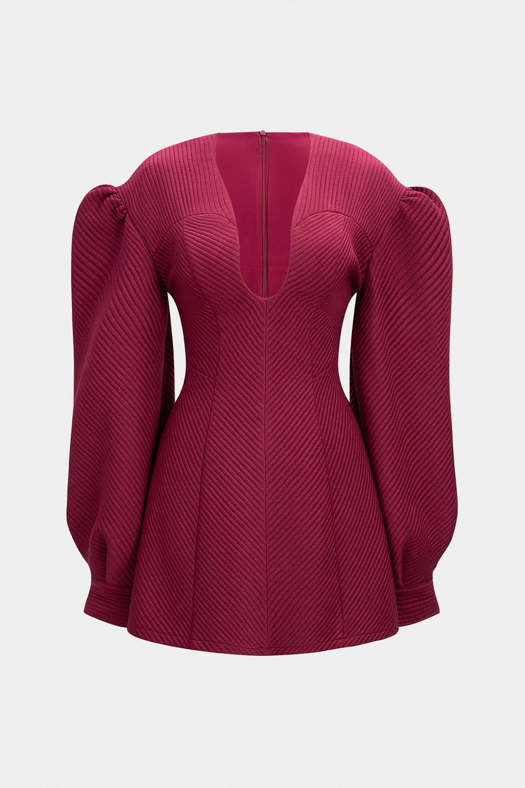 Ruched Zipper Button Puff Long Sleeve Mini Dress