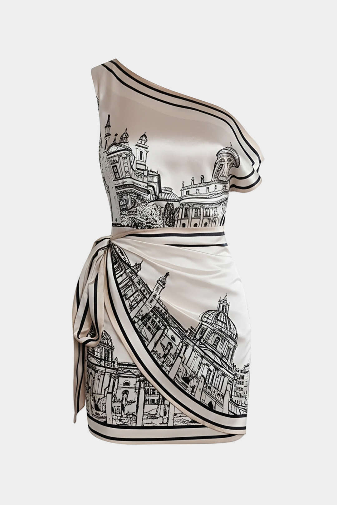 Robe midi asymétrique satinée sans manches à imprimé nouée sur une épaule