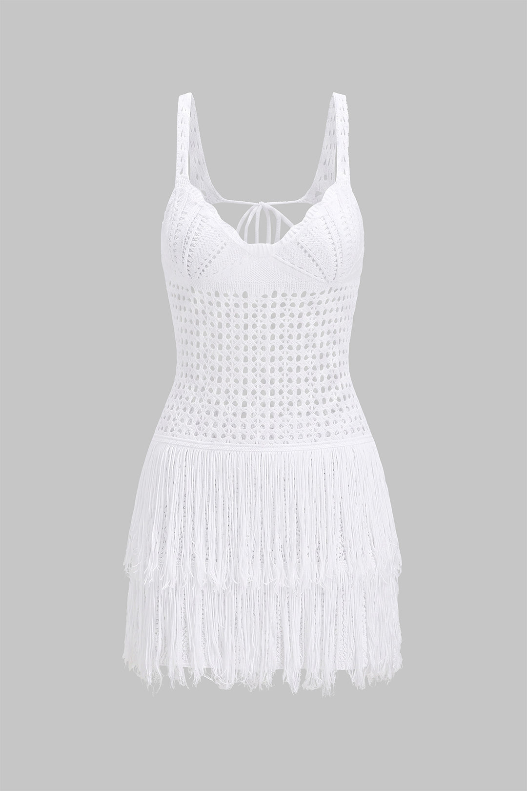 Mini-robe sans manches en maille ajourée à franges