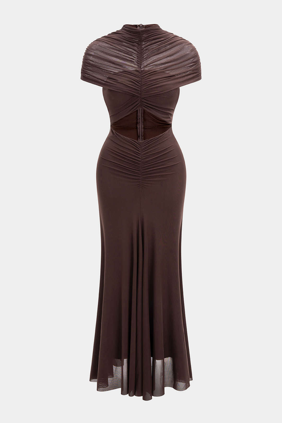 Maxikleid aus Mesh mit Raffungen, Cut-Outs und kurzen Ärmeln