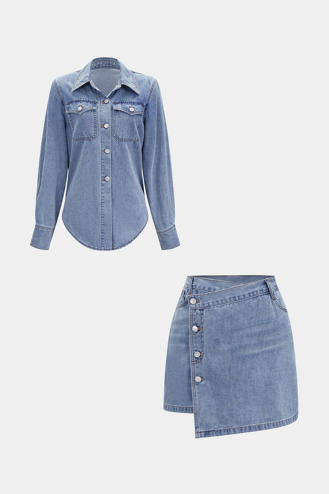 Denim-Knopf-Langarm-Top und High-Waist-Minirock-Set