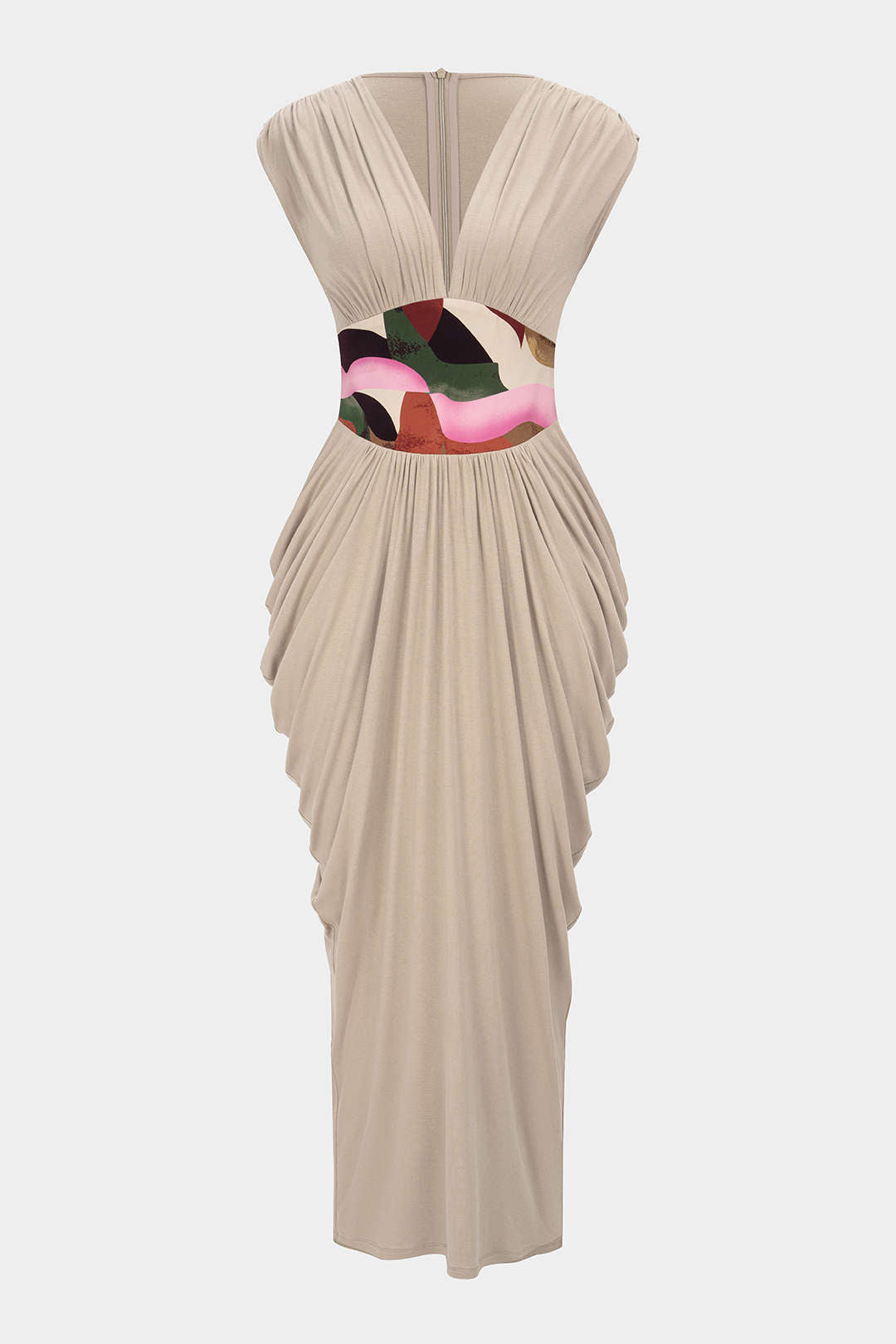 Robe longue sans manches à col en V zippé froncé et imprimé abstrait