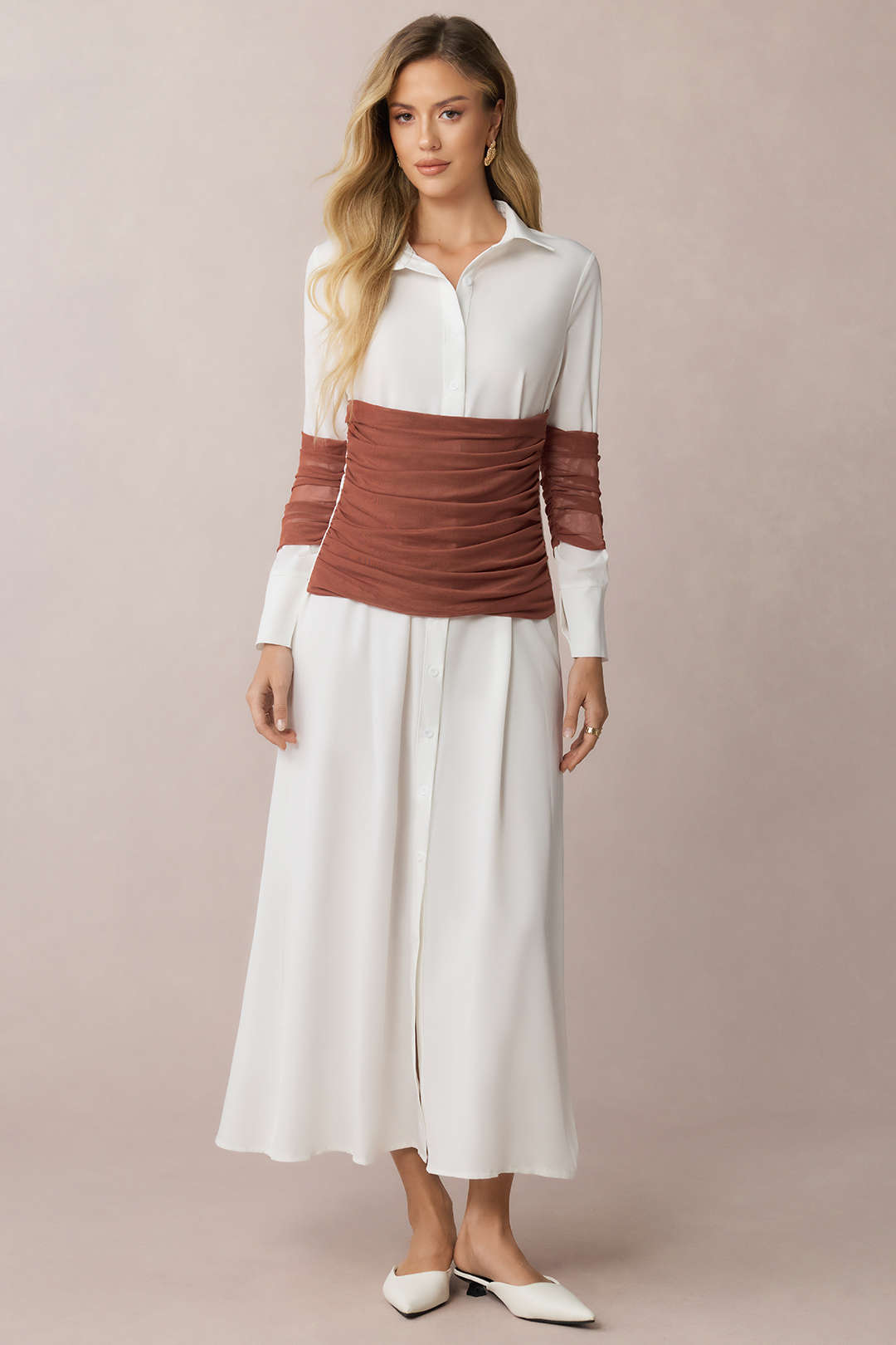 Patchwork Mesh Ruched Lapel Long Sleeve Midi Dress